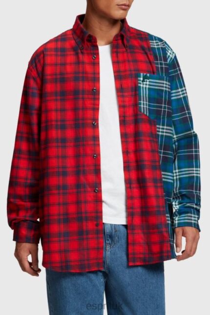 Esprit Mixed check patchwork flannel shirt Men Red Shirts P0D0X790