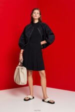 Esprit Mockneck pleated midi dress with short-sleeves Women Black Dresses P0D0X120 - Image 2