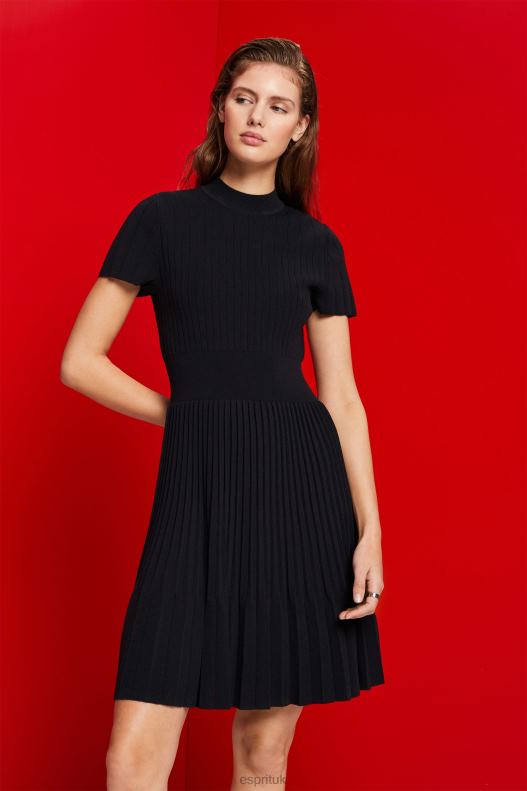 Esprit Mockneck pleated midi dress with short-sleeves Women Black Dresses P0D0X120 - Image 1
