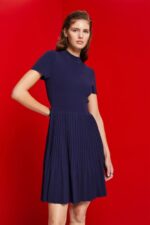 Esprit Mockneck pleated midi dress with short-sleeves Women Dark Blue Dresses P0D0X122