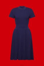 Esprit Mockneck pleated midi dress with short-sleeves Women Dark Blue Dresses P0D0X122 - Image 5