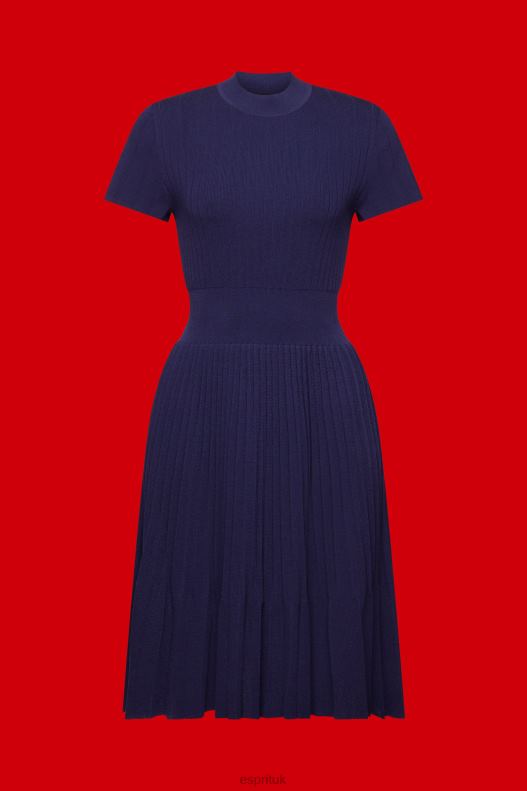 Esprit Mockneck pleated midi dress with short-sleeves Women Dark Blue Dresses P0D0X122 - Image 5