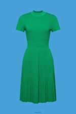 Esprit Mockneck pleated midi dress with short-sleeves Women Emerald Green Dresses P0D0X121 - Image 5