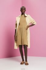 Esprit Mockneck pleated midi dress with short-sleeves Women Khaki Beige Dresses P0D0X119 - Image 2