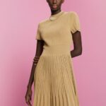 Esprit Mockneck pleated midi dress with short-sleeves Women Khaki Beige Dresses P0D0X119
