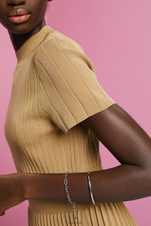 Esprit Mockneck pleated midi dress with short-sleeves Women Khaki Beige Dresses P0D0X119 - Image 3