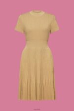 Esprit Mockneck pleated midi dress with short-sleeves Women Khaki Beige Dresses P0D0X119 - Image 5