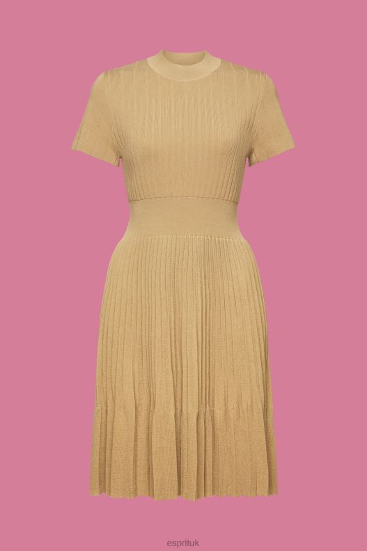 Esprit Mockneck pleated midi dress with short-sleeves Women Khaki Beige Dresses P0D0X119 - Image 5