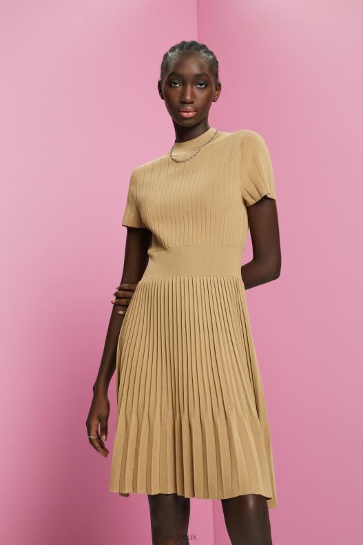 Esprit Mockneck pleated midi dress with short-sleeves Women Khaki Beige Dresses P0D0X119 - Image 1