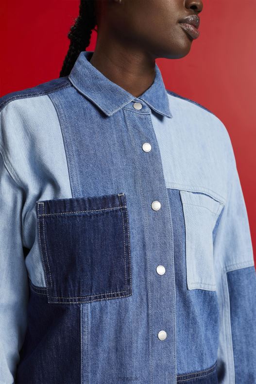 Esprit Patchwork jeans shirt, cotton blend Women Blue Light Wash Shirts P0D0X257 - Image 3
