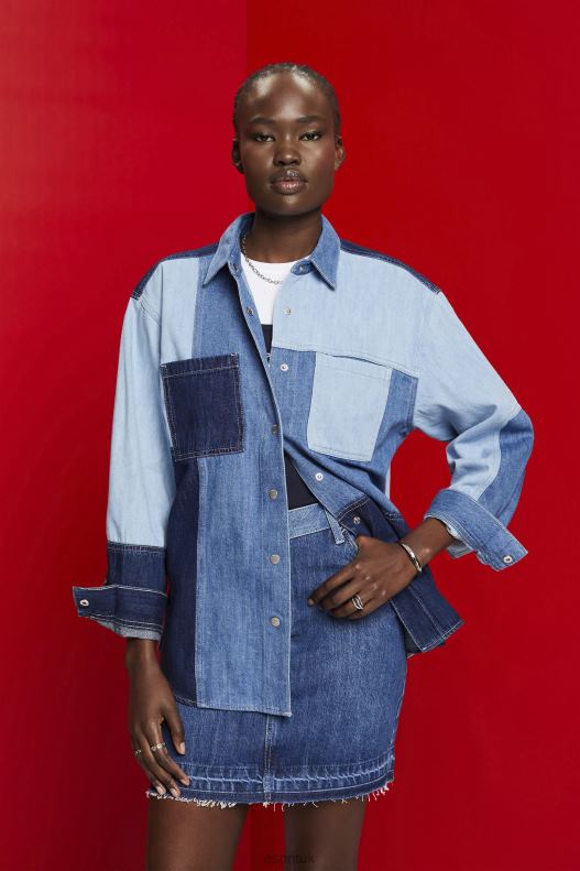 Esprit Patchwork jeans shirt, cotton blend Women Blue Light Wash Shirts P0D0X257 - Image 1
