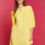 Esprit Patterned mini dress with a bow tie Women Light Yellow Dresses P0D0X128