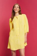 Esprit Patterned mini dress with a bow tie Women Light Yellow Dresses P0D0X128