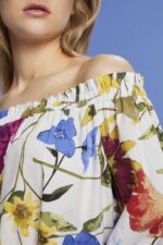 Esprit Patterned off-shoulder poplin mini dress Women White Dresses P0D0X178 - Image 3