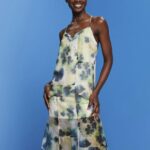 Esprit Patterned organza midi dress Women Yellow Dresses P0D0X197