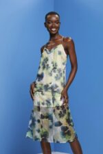 Esprit Patterned organza midi dress Women Yellow Dresses P0D0X197