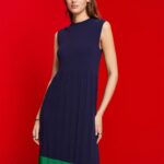 Esprit Pleated and sleeveless maxi dress with crewneck Women Dark Blue Dresses P0D0X123