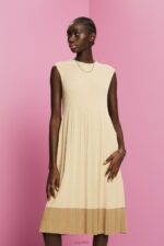 Esprit Pleated and sleeveless maxi dress with crewneck Women Light Beige Dresses P0D0X125