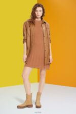 Esprit Pleated fit and flare dress Women Brown Dresses P0D0X382 - Image 2