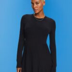 Esprit Pleated mini dress with long-sleeves & crewneck Women Black Dresses P0D0X127