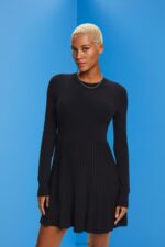 Esprit Pleated mini dress with long-sleeves & crewneck Women Black Dresses P0D0X127