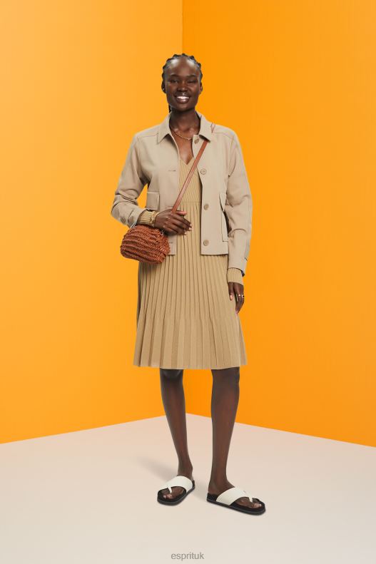 Esprit Pleated wrap dress with long-sleeves Women Khaki Beige Dresses P0D0X126 - Image 2