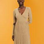 Esprit Pleated wrap dress with long-sleeves Women Khaki Beige Dresses P0D0X126