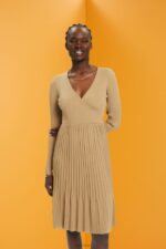 Esprit Pleated wrap dress with long-sleeves Women Khaki Beige Dresses P0D0X126