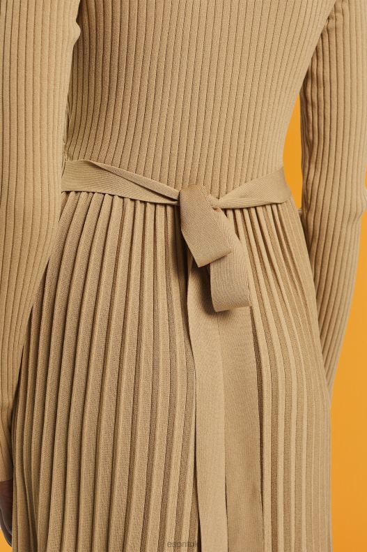 Esprit Pleated wrap dress with long-sleeves Women Khaki Beige Dresses P0D0X126 - Image 3
