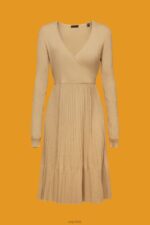 Esprit Pleated wrap dress with long-sleeves Women Khaki Beige Dresses P0D0X126 - Image 5