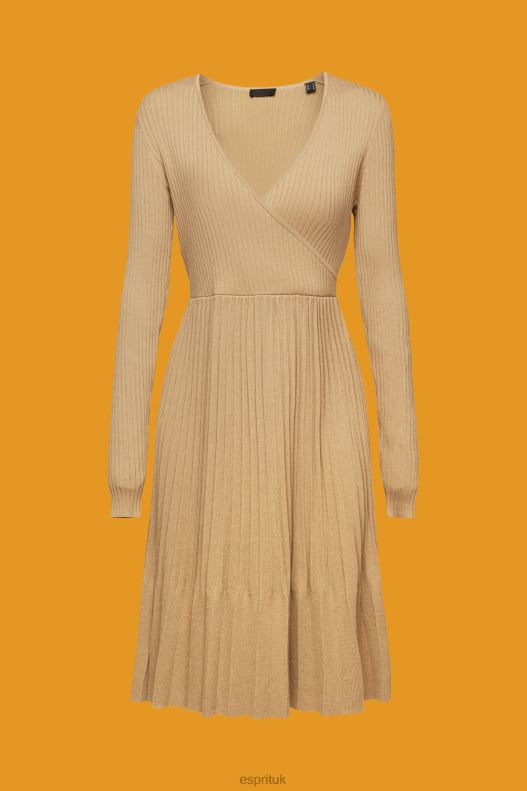 Esprit Pleated wrap dress with long-sleeves Women Khaki Beige Dresses P0D0X126 - Image 5