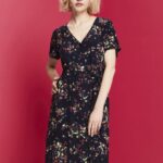 Esprit Printed midi dress with a tie belt Women Dark Blue Dresses P0D0X189