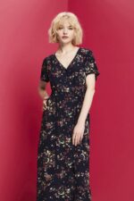 Esprit Printed midi dress with a tie belt Women Dark Blue Dresses P0D0X189