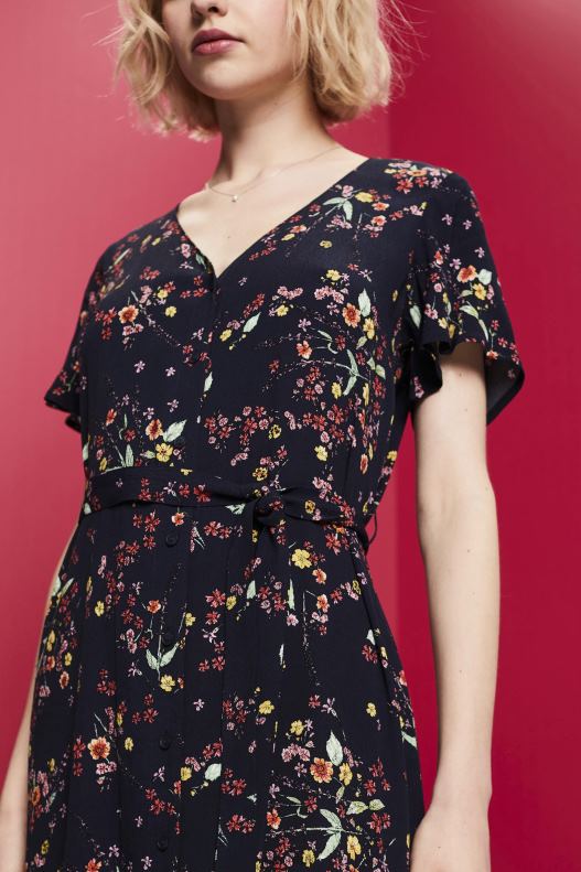 Esprit Printed midi dress with a tie belt Women Dark Blue Dresses P0D0X189 - Image 3