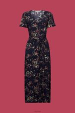 Esprit Printed midi dress with a tie belt Women Dark Blue Dresses P0D0X189 - Image 5