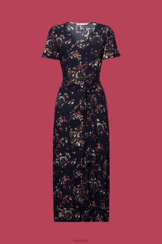 Esprit Printed midi dress with a tie belt Women Dark Blue Dresses P0D0X189 - Image 5