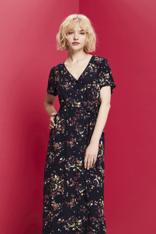Esprit Printed midi dress with a tie belt Women Dark Blue Dresses P0D0X189 - Image 1