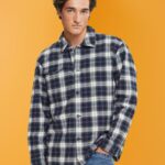 Esprit Pure cotton oversized shirt with checked pattern Men Petrol Blue Shirts P0D0X838