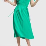 Esprit RAYON SILK RUCHED V NECK DRESS Women Green Dresses P0D0X453