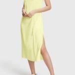 Esprit RAYON SILK Tank Dress Women Lime Yellow Dresses P0D0X452