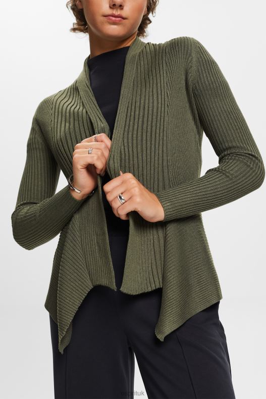 Esprit Recycled: ribbed cardigan with handkerchief hem Women Khaki Green Sweaters P0D0X24 - Image 3