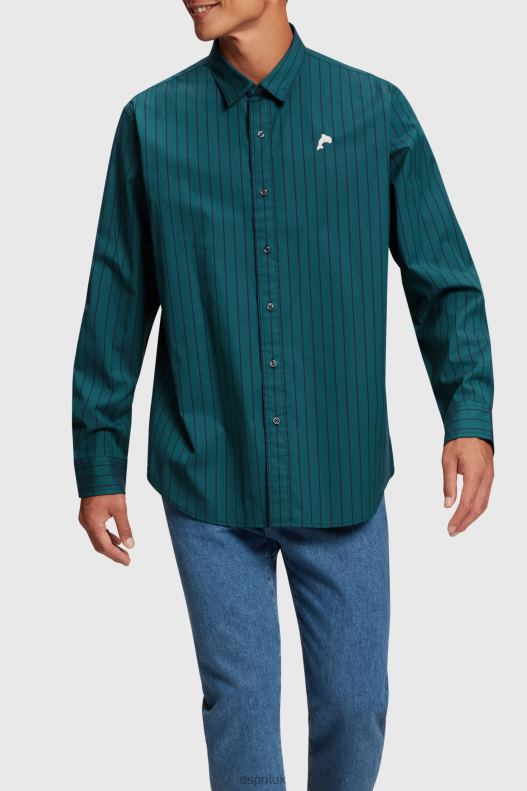 Esprit Relaxed fit striped poplin shirt Men Teal Blue Shirts P0D0X797 - Image 1