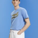 Esprit Retro logo print cotton t-shirt Men Light Blue Lavender T-Shirts P0D0X632