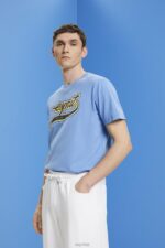Esprit Retro logo print cotton t-shirt Men Light Blue Lavender T-Shirts P0D0X632