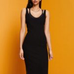 Esprit Rib-knit dress, linen blend Women Black Dresses P0D0X113