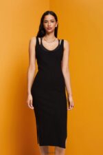 Esprit Rib-knit dress, linen blend Women Black Dresses P0D0X113