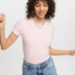 Esprit Ribbed jersey t-shirt Women Pastel Pink T-Shirts P0D0X2