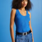 Esprit Ribbed, sleeveless jumper, linen blend Women Bright Blue Sweaters P0D0X109