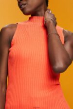 Esprit Ribbed, sleeveless jumper, linen blend Women Coral Orange Sweaters P0D0X110 - Image 3