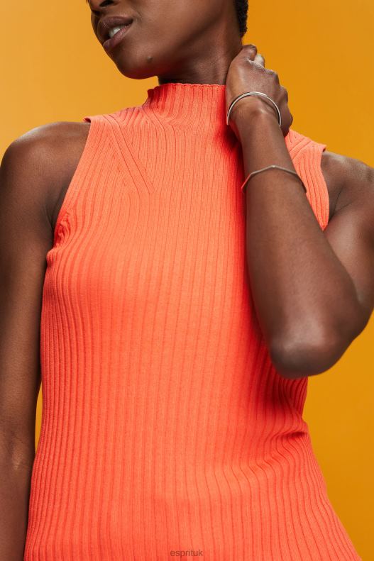 Esprit Ribbed, sleeveless jumper, linen blend Women Coral Orange Sweaters P0D0X110 - Image 3